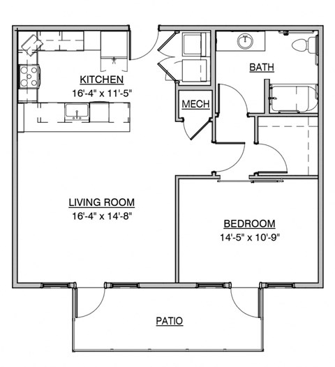 Floor plan for 1 bed, 1 bath, 865 sqft